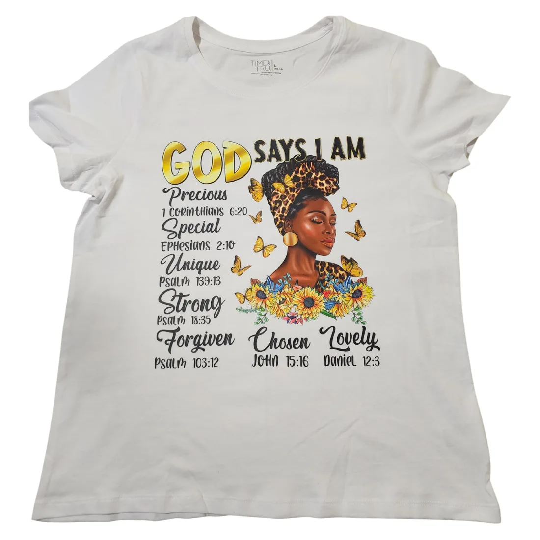 God Says I Am shirt with scripture and sunflowers