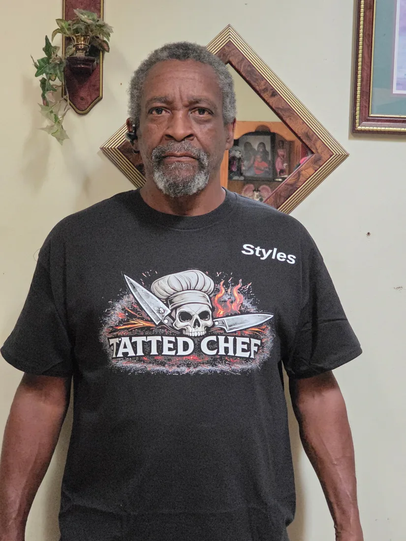 Tatted Chef logo shirt, front, with a custom name